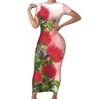 New Zealand Fantail Short Sleeve Bodycon Dress Maori Koru With Pohutukawa Flowers LT05 Long Dress Red - Polynesian Pride