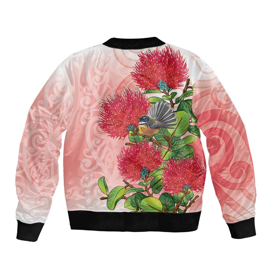 New Zealand Fantail Sleeve Zip Bomber Jacket Maori Koru With Pohutukawa Flowers LT05 - Polynesian Pride
