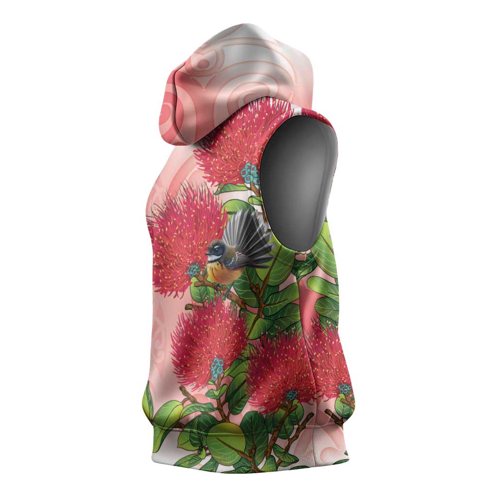 New Zealand Fantail Sleeveless Hoodie Maori Koru With Pohutukawa Flowers LT05 - Polynesian Pride