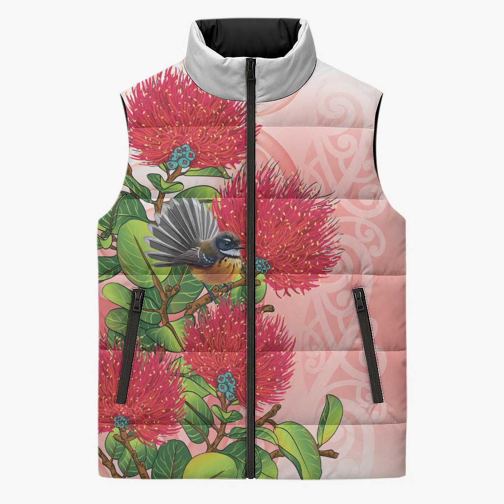 New Zealand Fantail Sleeveless Puffer Jacket Maori Koru With Pohutukawa Flowers LT05 Unisex Red - Polynesian Pride