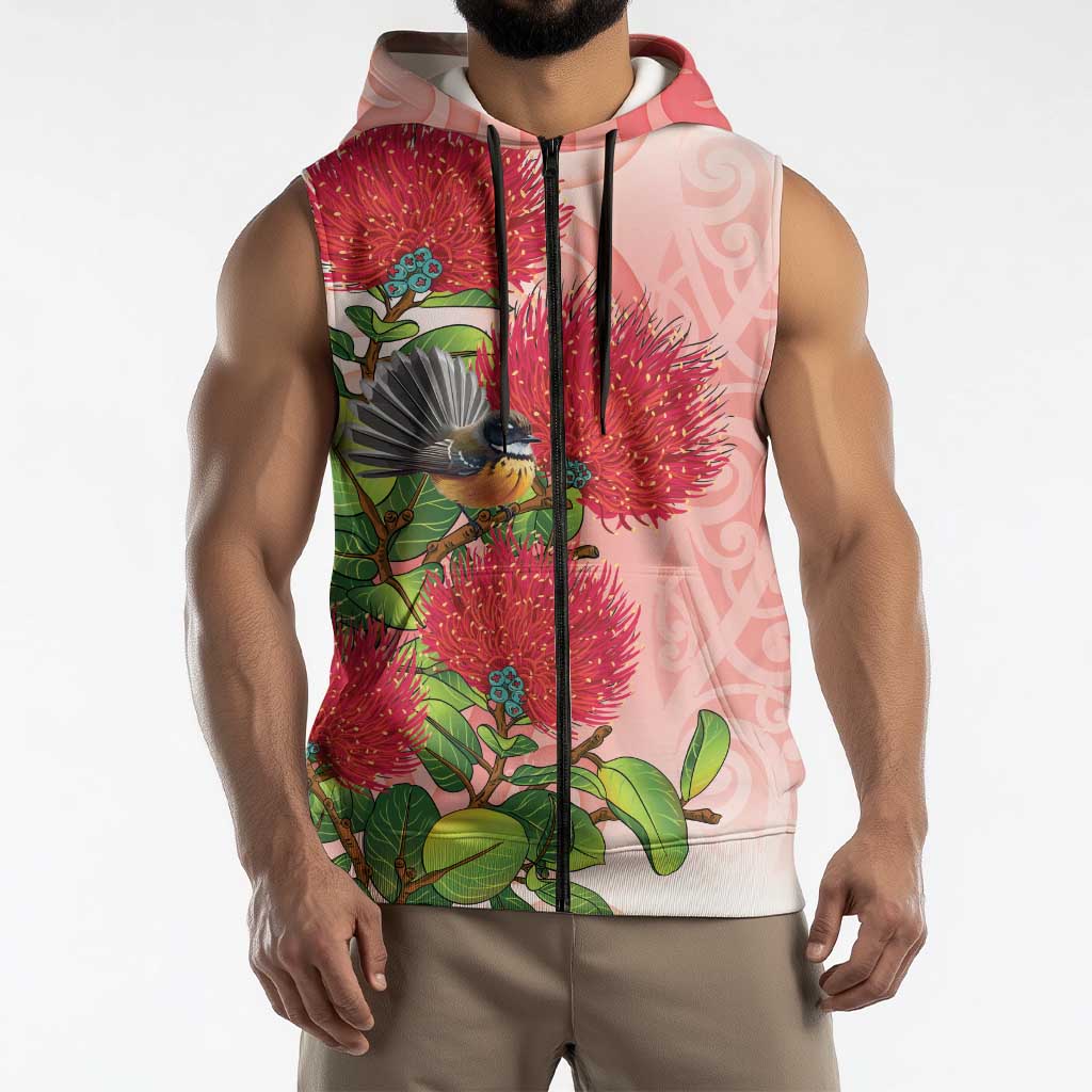 New Zealand Fantail Sleeveless Zip Hoodie Maori Koru With Pohutukawa Flowers LT05 - Polynesian Pride
