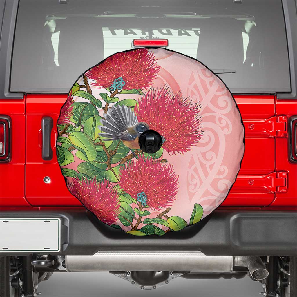 New Zealand Fantail Spare Tire Cover Maori Koru With Pohutukawa Flowers - Polynesian Pride