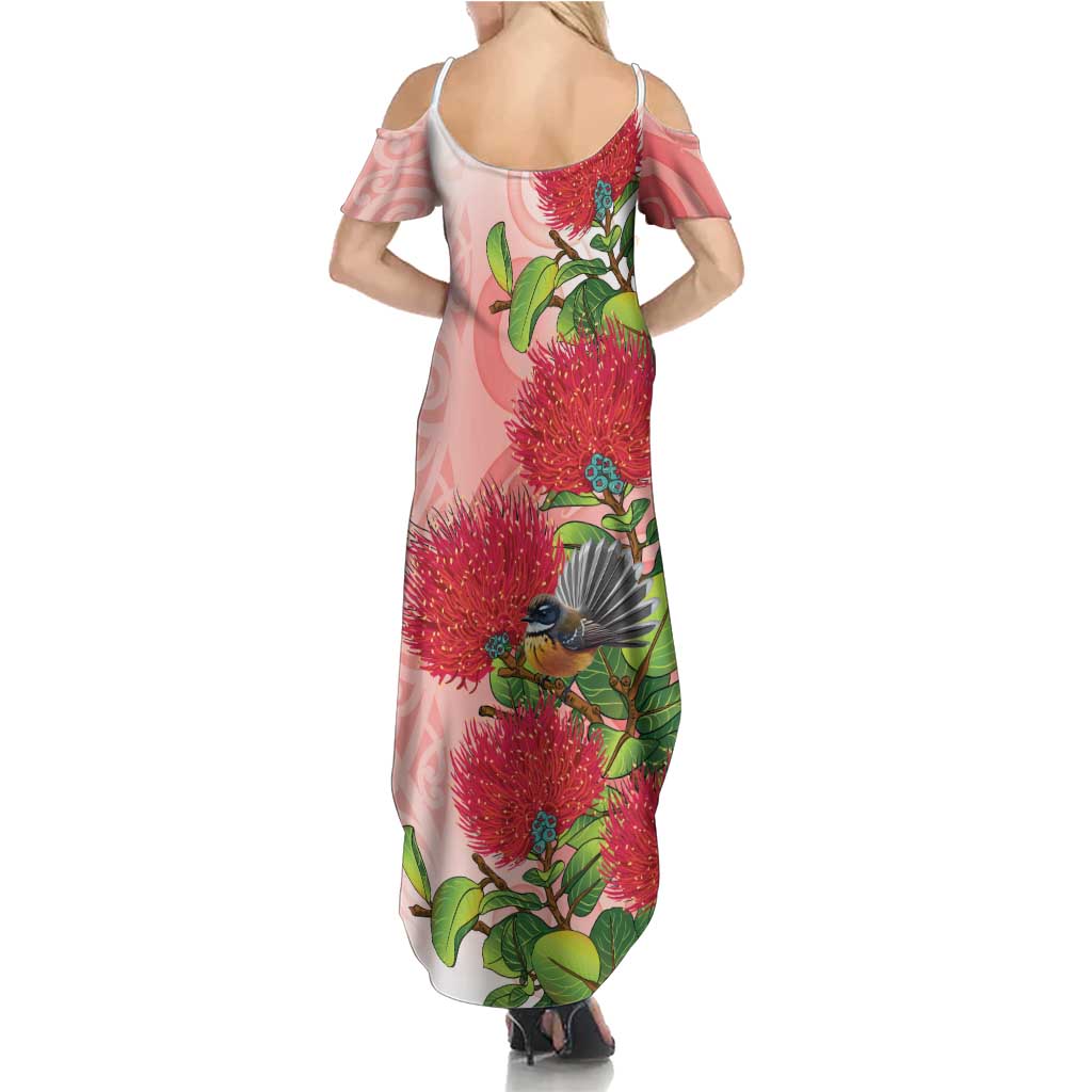 New Zealand Fantail Summer Maxi Dress Maori Koru With Pohutukawa Flowers - Polynesian Pride