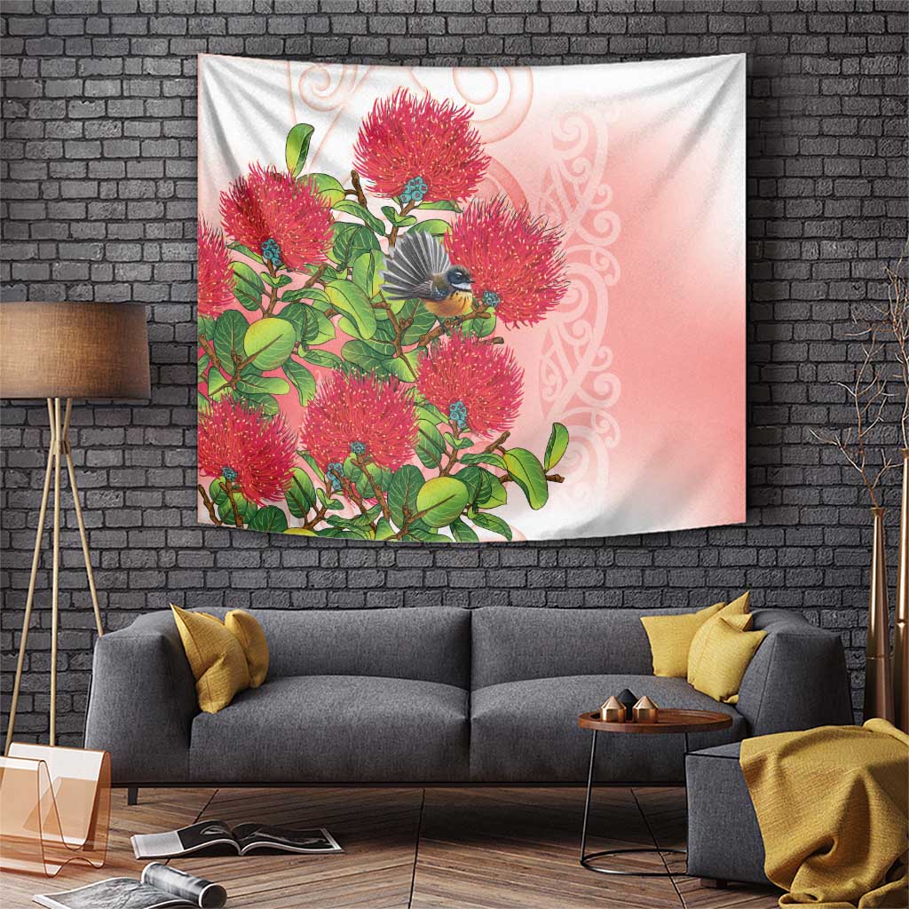 New Zealand Fantail Tapestry Maori Koru With Pohutukawa Flowers LT05 Red - Polynesian Pride