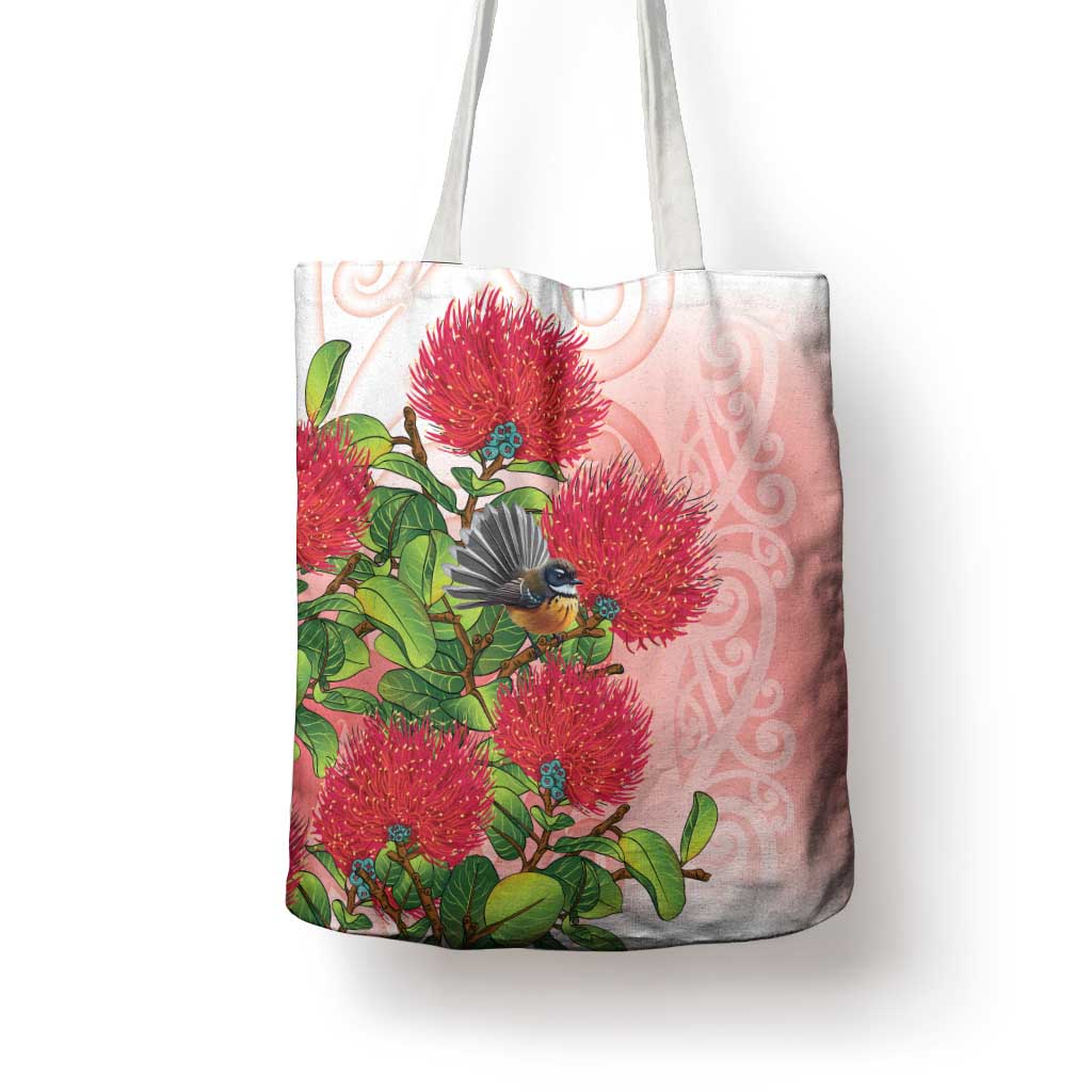 New Zealand Fantail Tote Bag Maori Koru With Pohutukawa Flowers LT05 - Polynesian Pride