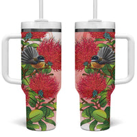 New Zealand Fantail Tumbler With Handle Maori Koru With Pohutukawa Flowers LT05 One Size: 40 oz Red - Polynesian Pride