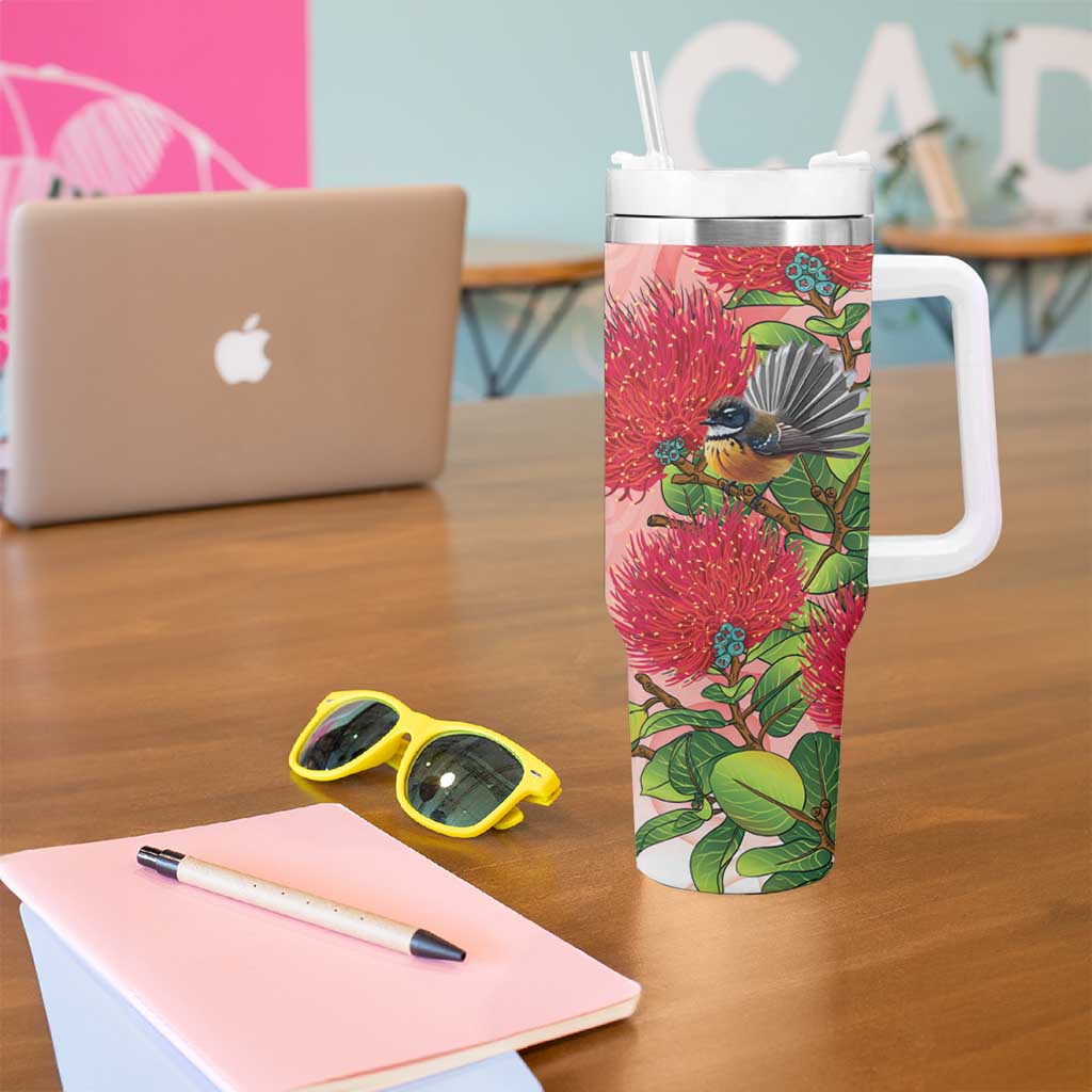 New Zealand Fantail Tumbler With Handle Maori Koru With Pohutukawa Flowers LT05 - Polynesian Pride