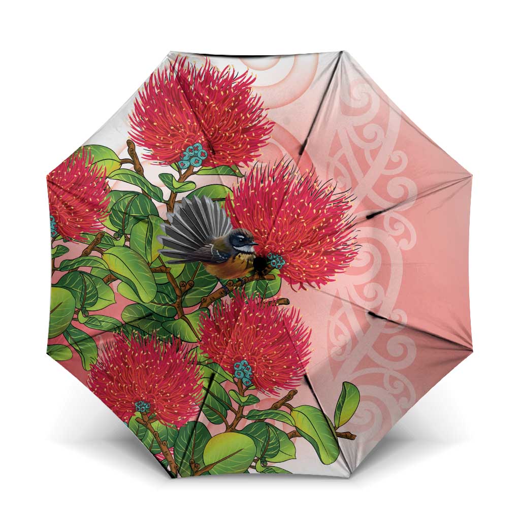 New Zealand Fantail Umbrella Maori Koru With Pohutukawa Flowers - Polynesian Pride