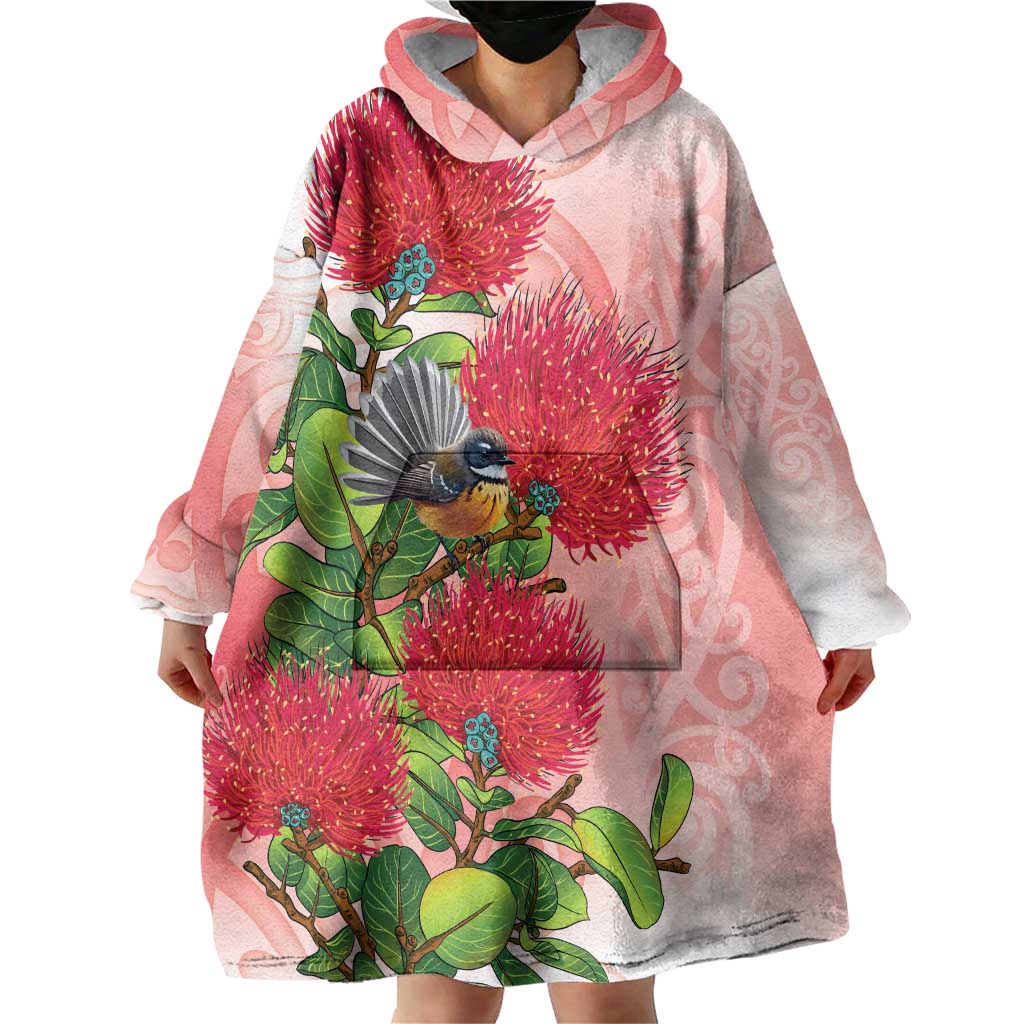 New Zealand Fantail Wearable Blanket Hoodie Maori Koru With Pohutukawa Flowers LT05 - Polynesian Pride