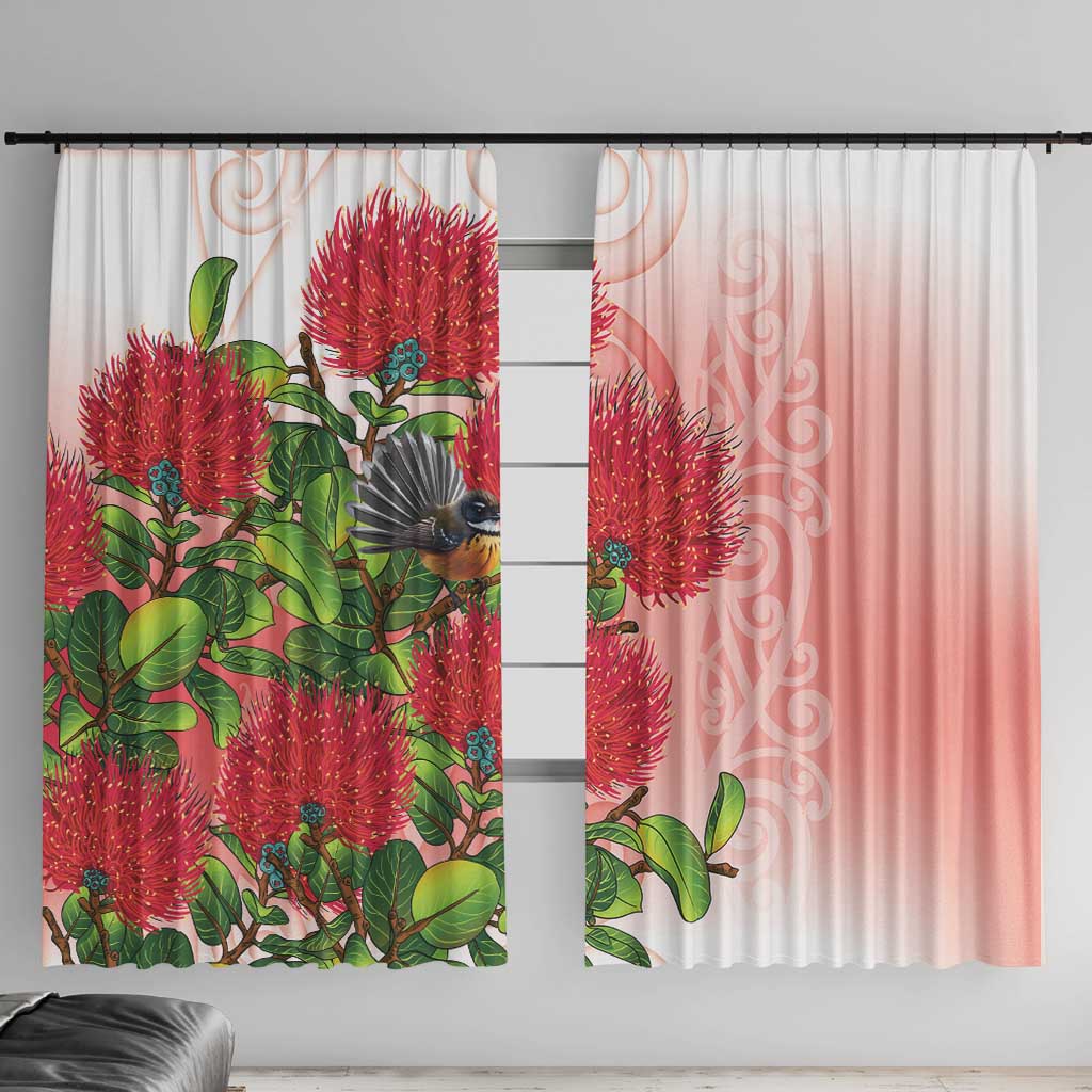 New Zealand Fantail Window Curtain Maori Koru With Pohutukawa Flowers LT05 With Hooks Red - Polynesian Pride
