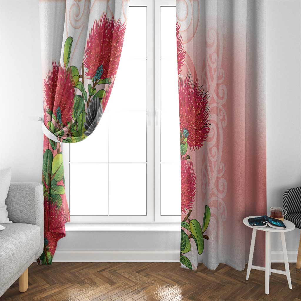 New Zealand Fantail Window Curtain Maori Koru With Pohutukawa Flowers LT05 - Polynesian Pride