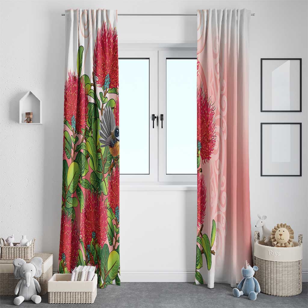 New Zealand Fantail Window Curtain Maori Koru With Pohutukawa Flowers LT05 - Polynesian Pride