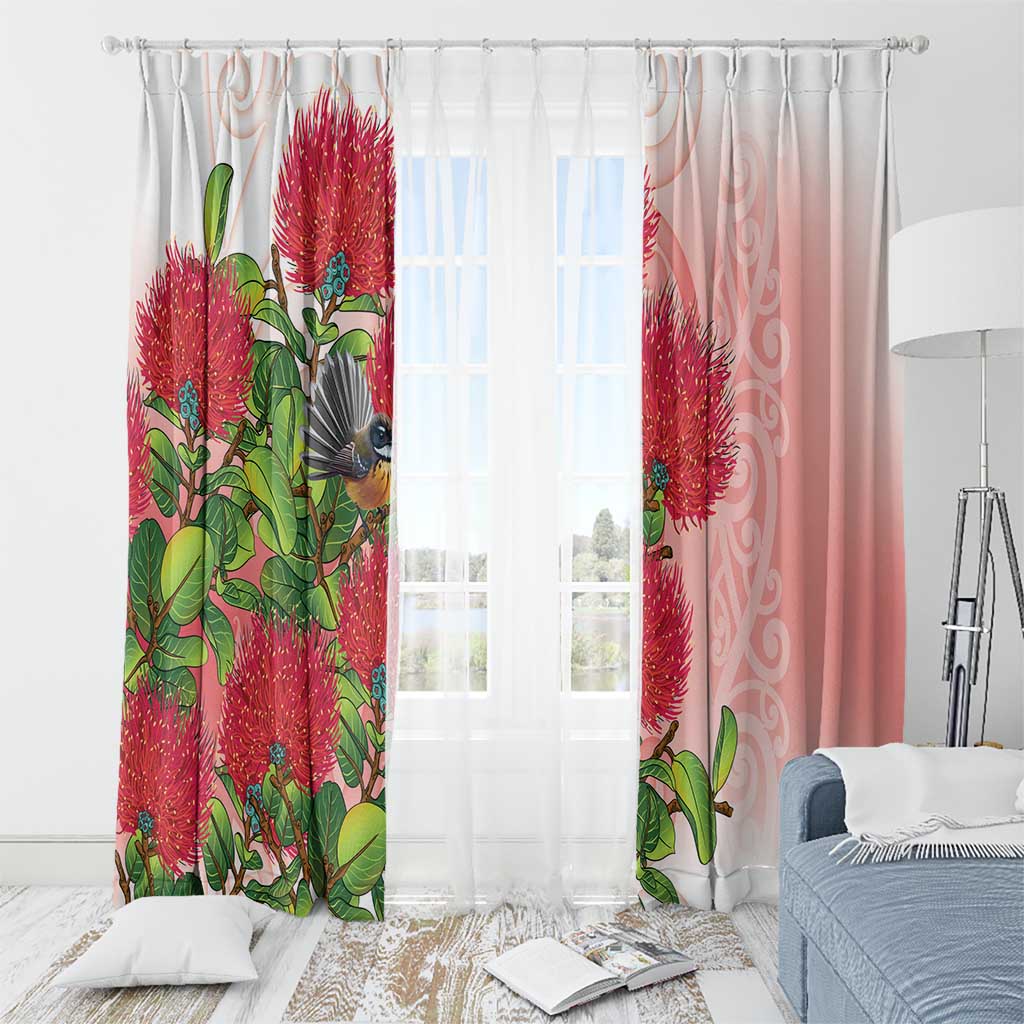 New Zealand Fantail Window Curtain Maori Koru With Pohutukawa Flowers LT05 - Polynesian Pride