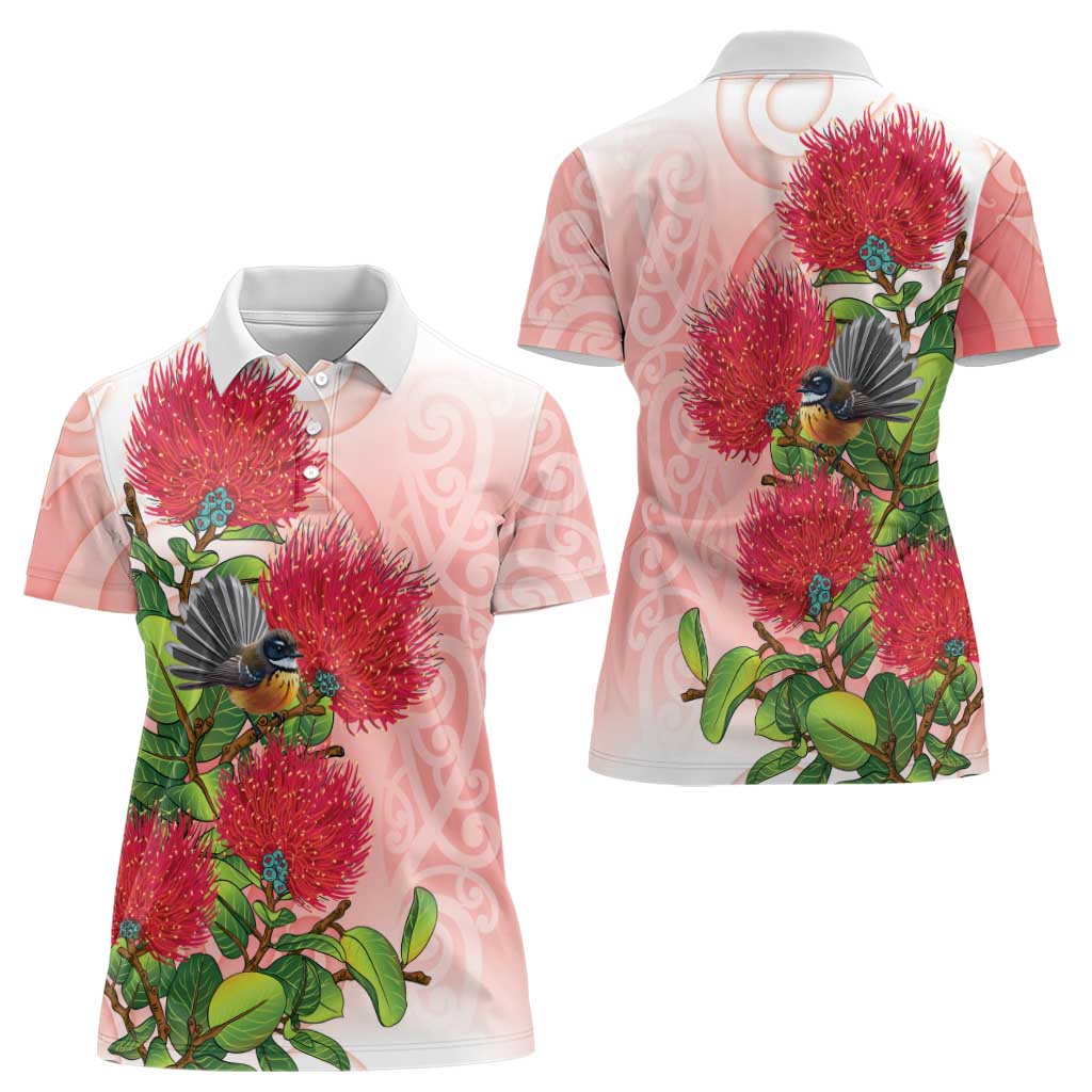 New Zealand Fantail Women Polo Shirt Maori Koru With Pohutukawa Flowers LT05 - Polynesian Pride