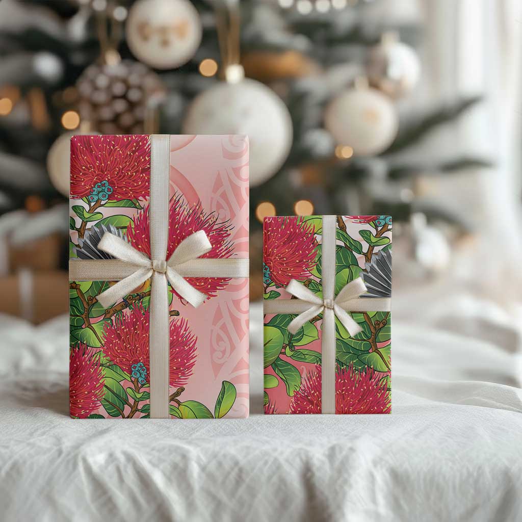 New Zealand Fantail Wrapping Paper Maori Koru With Pohutukawa Flowers LT05 - Polynesian Pride