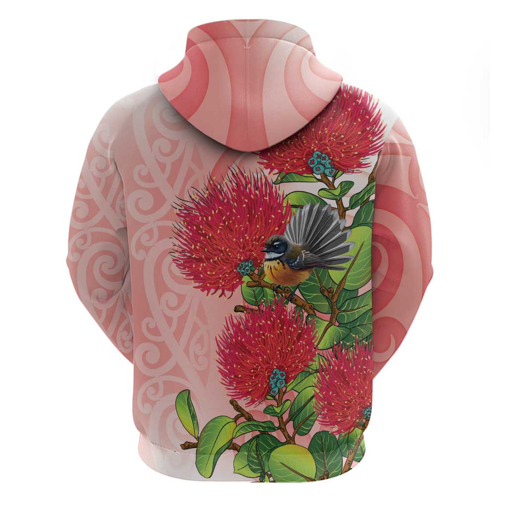 New Zealand Fantail Zip Hoodie Maori Koru With Pohutukawa Flowers - Polynesian Pride