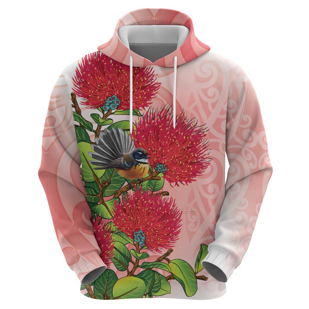 New Zealand Fantail Zip Hoodie Maori Koru With Pohutukawa Flowers - Polynesian Pride