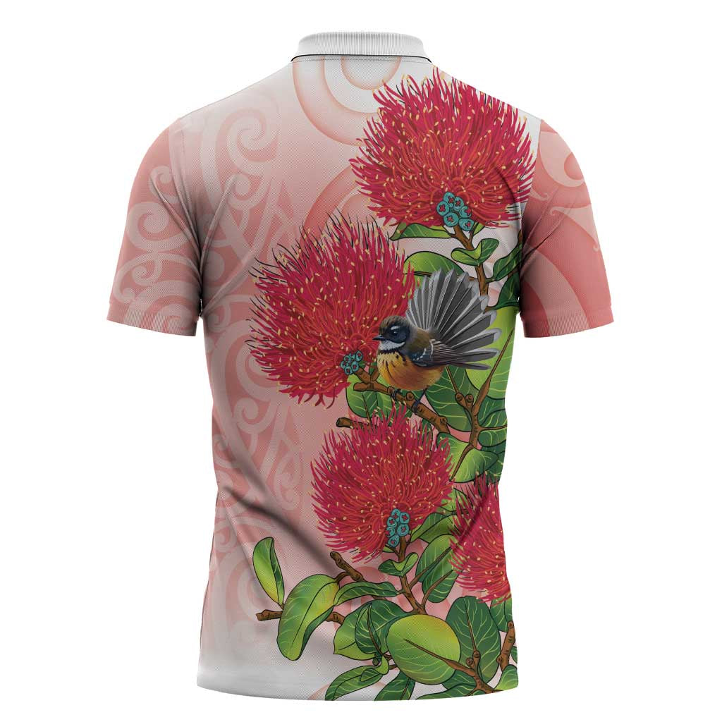 New Zealand Fantail Zipper Polo Shirt Maori Koru With Pohutukawa Flowers - Polynesian Pride