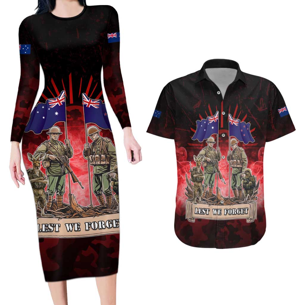 Australia And New Zealand ANZAC Day Couples Matching Long Sleeve Bodycon Dress and Hawaiian Shirt Soldiers Lest We Forget