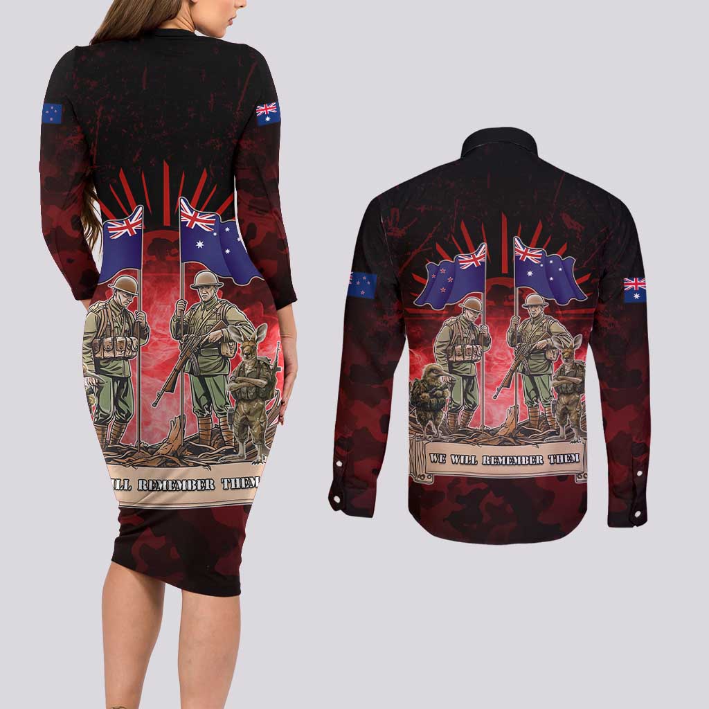 Australia And New Zealand ANZAC Day Couples Matching Long Sleeve Bodycon Dress and Long Sleeve Button Shirt Soldiers Lest We Forget