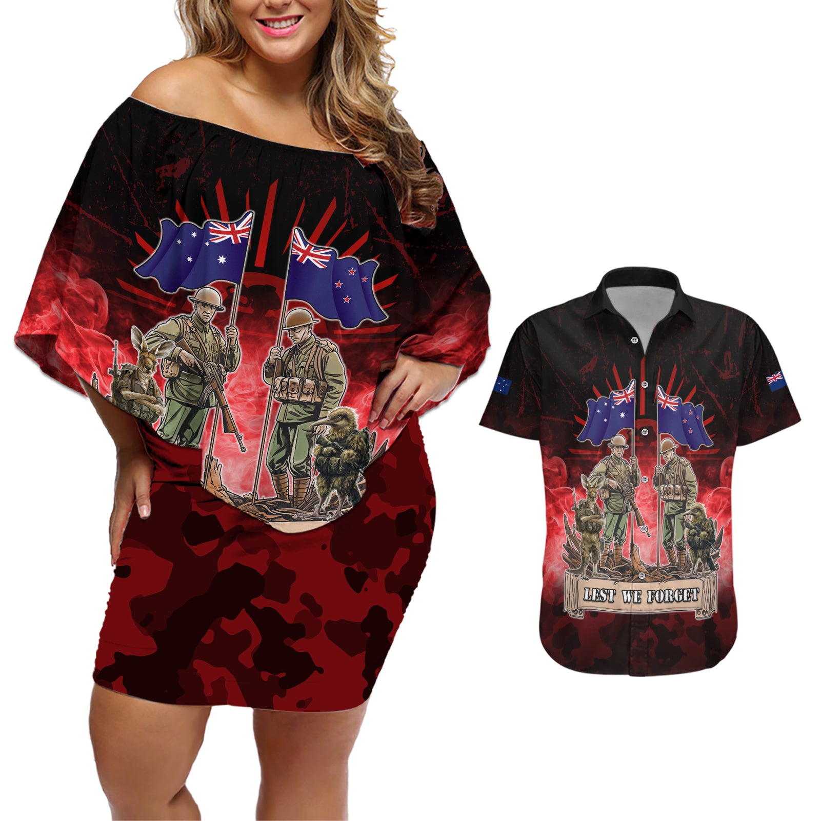 Australia And New Zealand ANZAC Day Couples Matching Off Shoulder Short Dress and Hawaiian Shirt Soldiers Lest We Forget LT05 Red - Polynesian Pride