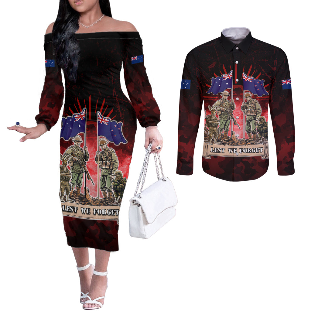 Australia And New Zealand ANZAC Day Couples Matching Off The Shoulder Long Sleeve Dress and Long Sleeve Button Shirt Soldiers Lest We Forget LT05 Red - Polynesian Pride