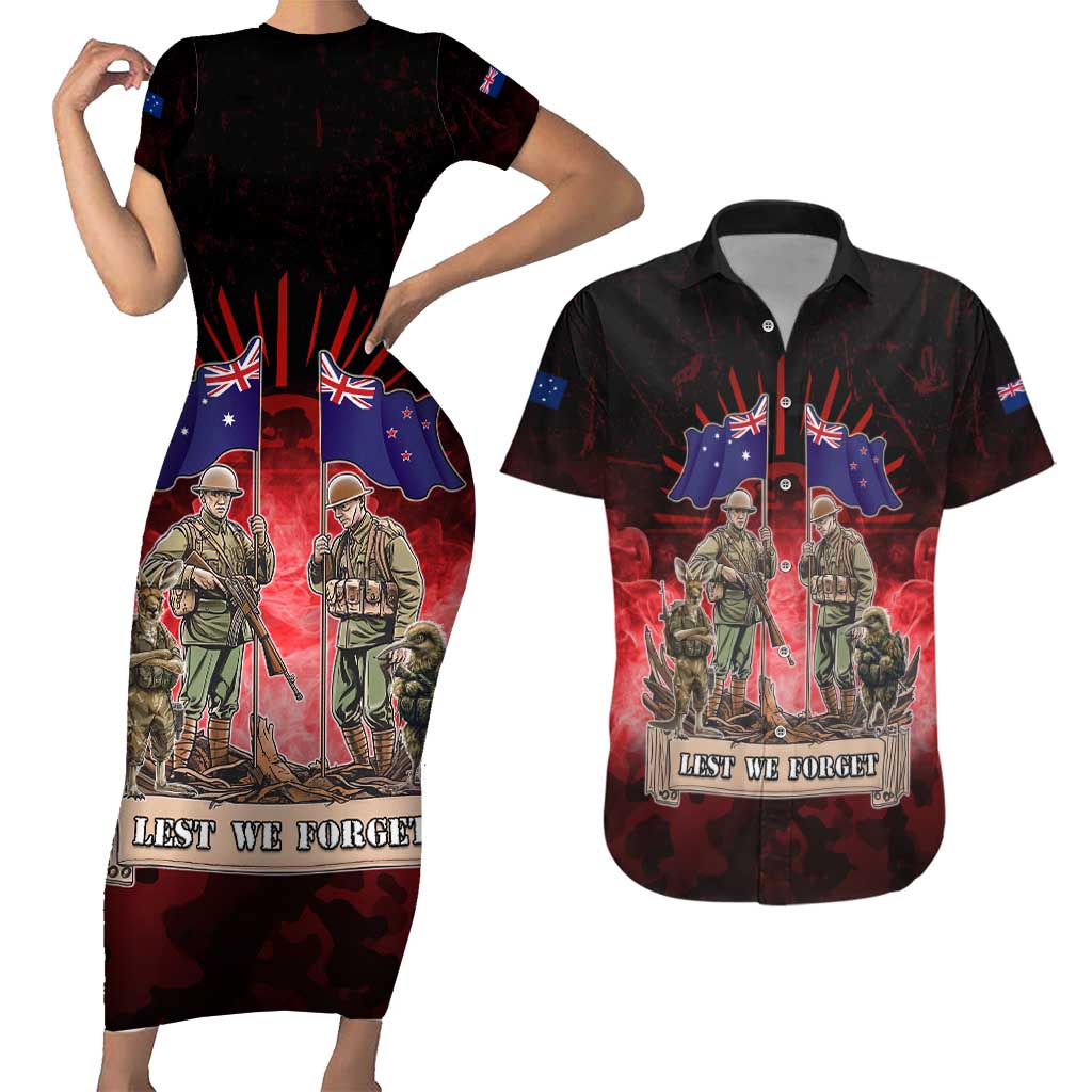 Australia And New Zealand ANZAC Day Couples Matching Short Sleeve Bodycon Dress and Hawaiian Shirt Soldiers Lest We Forget