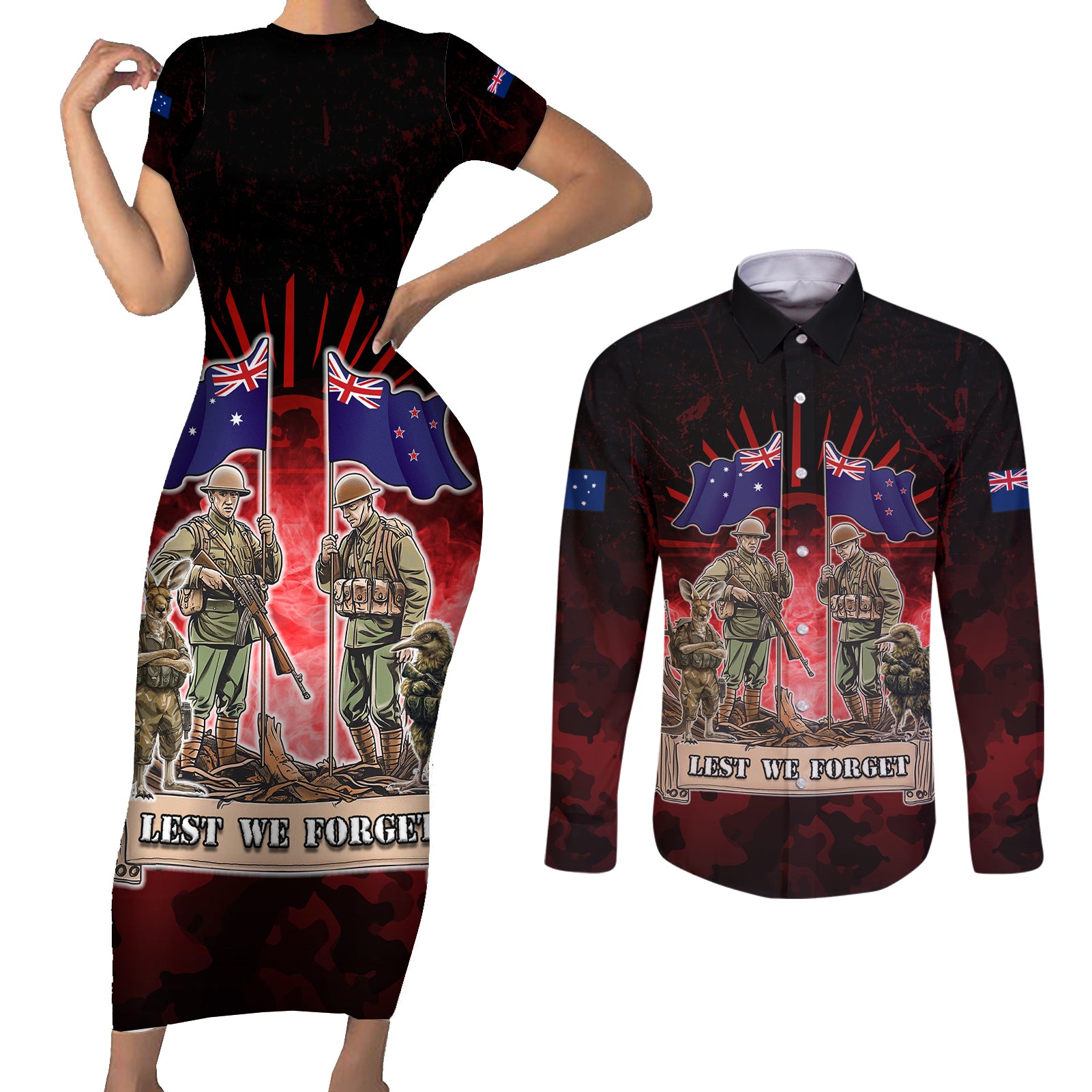 Australia And New Zealand ANZAC Day Couples Matching Short Sleeve Bodycon Dress and Long Sleeve Button Shirt Soldiers Lest We Forget LT05 Red - Polynesian Pride