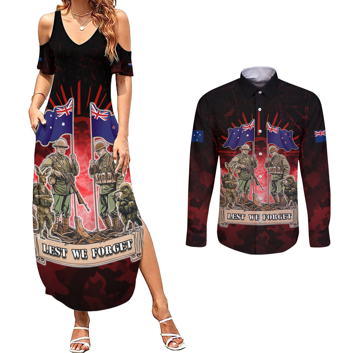 Australia And New Zealand ANZAC Day Couples Matching Summer Maxi Dress and Long Sleeve Button Shirt Soldiers Lest We Forget LT05 Red - Polynesian Pride