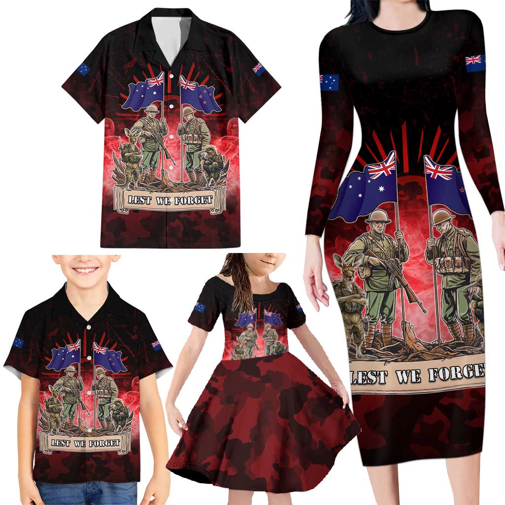 Australia And New Zealand ANZAC Day Family Matching Long Sleeve Bodycon Dress and Hawaiian Shirt Soldiers Lest We Forget