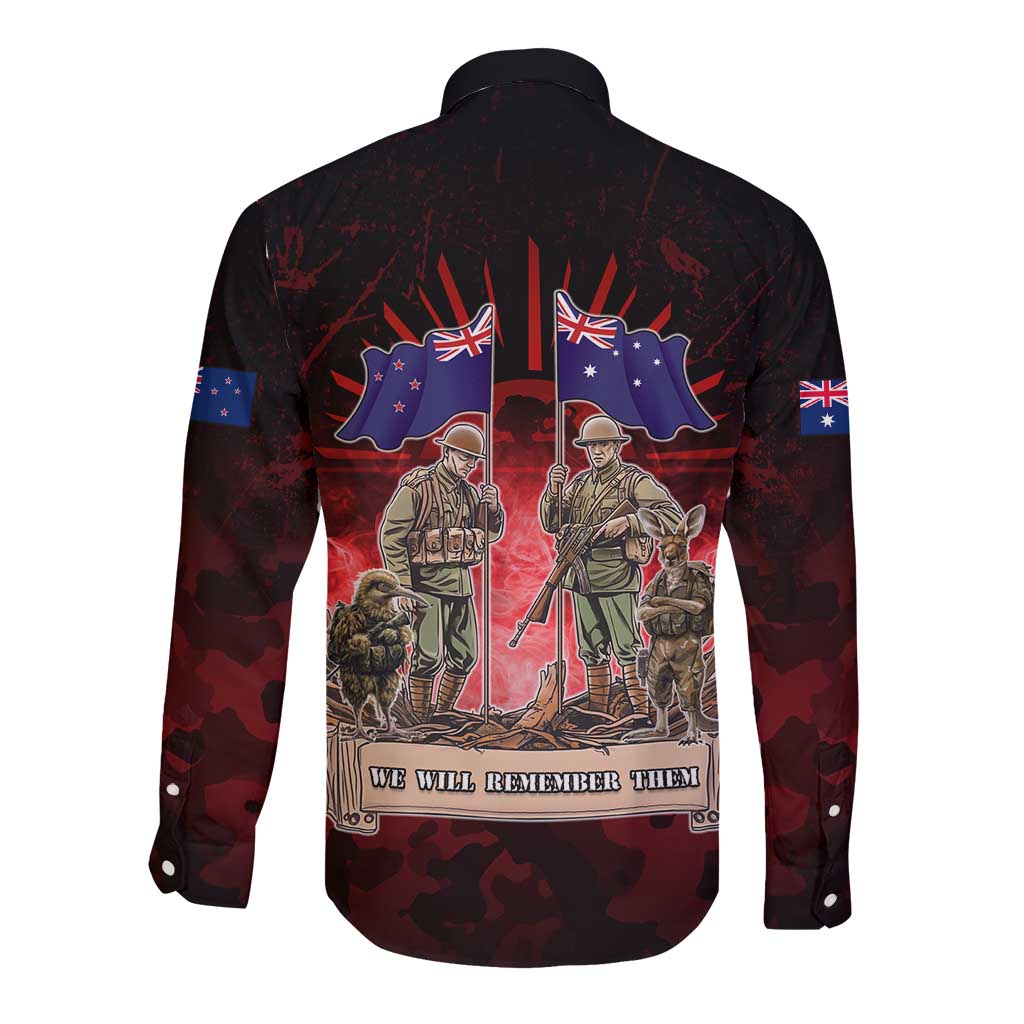 Australia And New Zealand ANZAC Day Long Sleeve Button Shirt Soldiers Lest We Forget