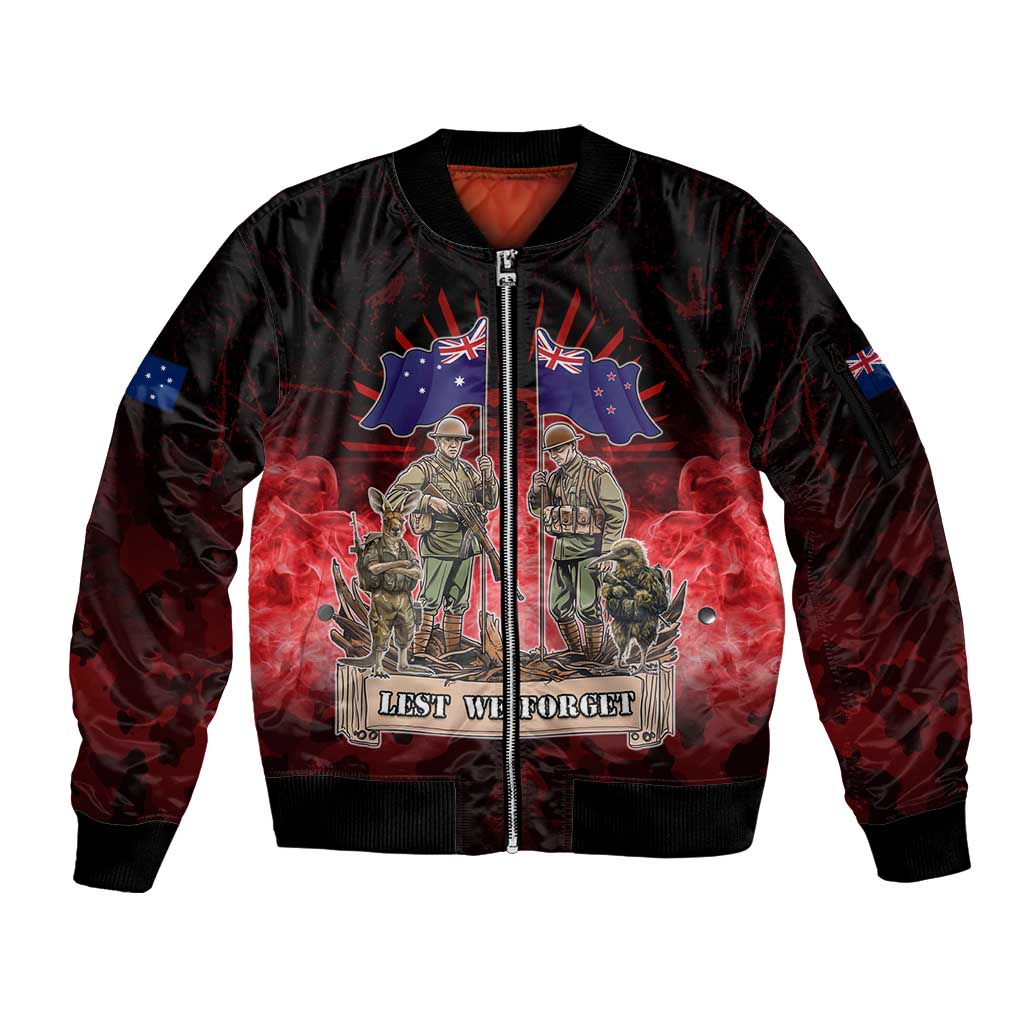 Australia And New Zealand ANZAC Day Sleeve Zip Bomber Jacket Soldiers Lest We Forget