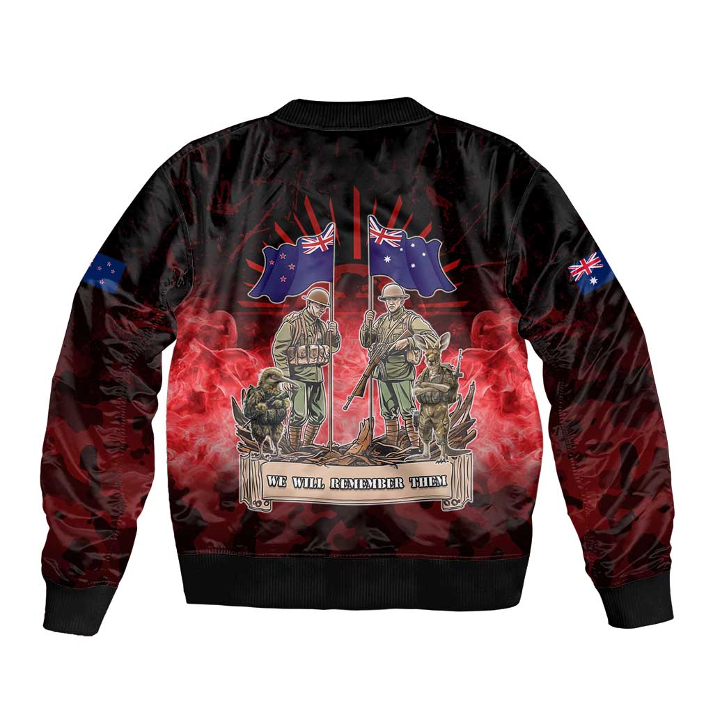 Australia And New Zealand ANZAC Day Sleeve Zip Bomber Jacket Soldiers Lest We Forget