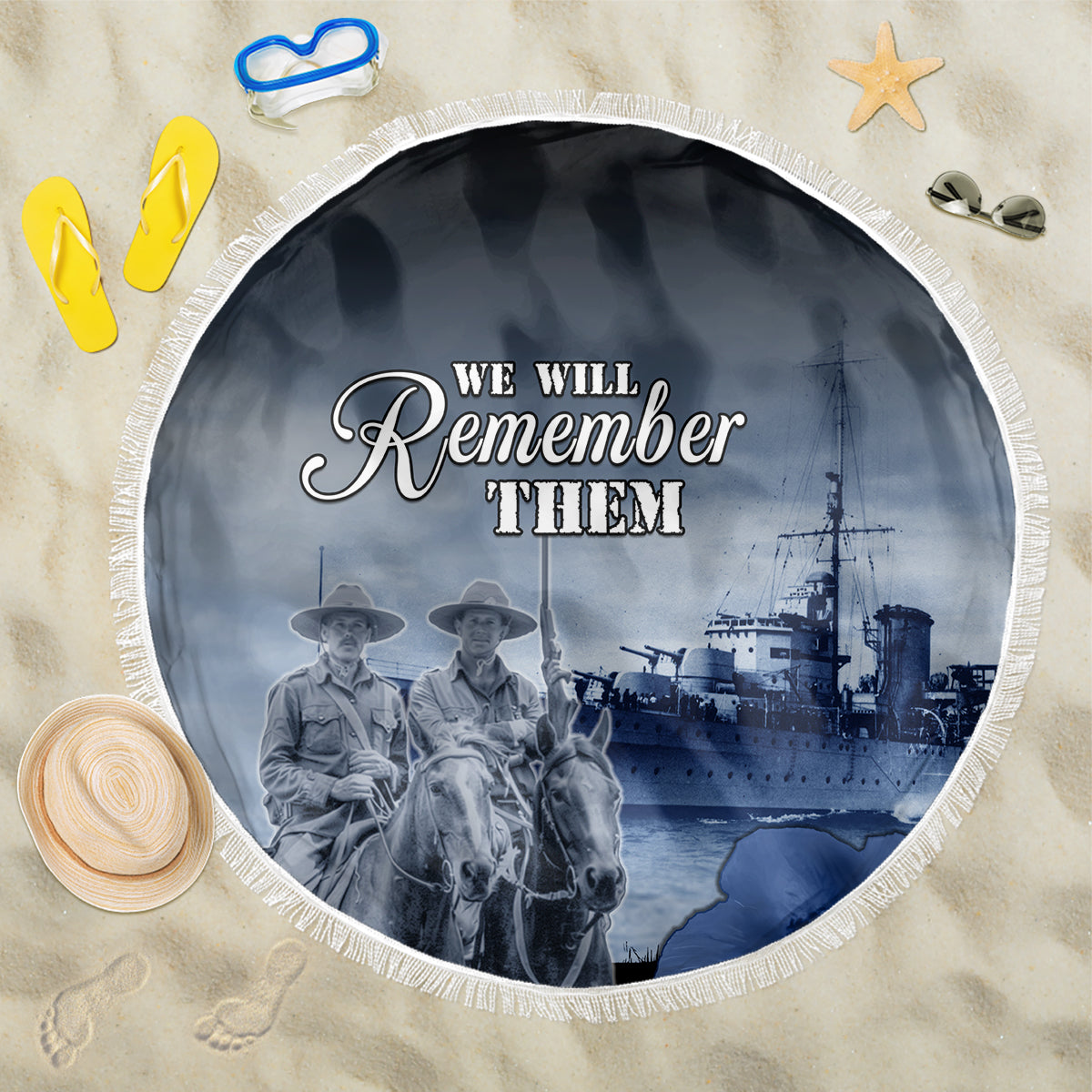 New Zealand ANZAC Day Beach Blanket HMNZS Achilles We Will Remember Them LT05 One Size 150cm Blue - Polynesian Pride