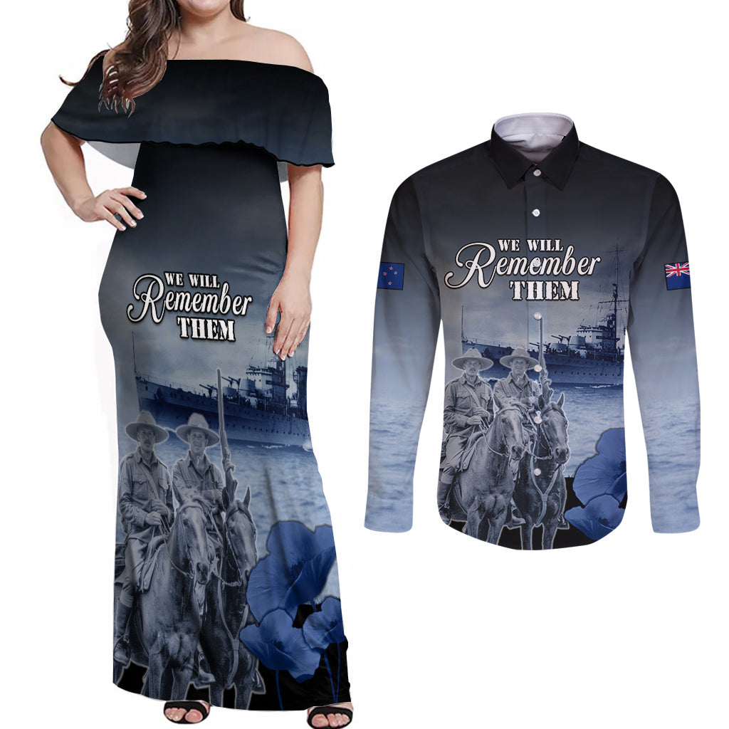 New Zealand ANZAC Day Couples Matching Off Shoulder Maxi Dress and Long Sleeve Button Shirt HMNZS Achilles We Will Remember Them LT05 Blue - Polynesian Pride