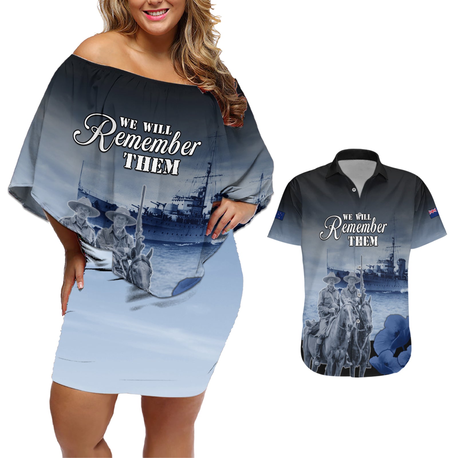New Zealand ANZAC Day Couples Matching Off Shoulder Short Dress and Hawaiian Shirt HMNZS Achilles We Will Remember Them LT05 Blue - Polynesian Pride