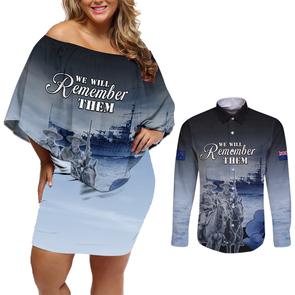 New Zealand ANZAC Day Couples Matching Off Shoulder Short Dress and Long Sleeve Button Shirt HMNZS Achilles We Will Remember Them LT05 Blue - Polynesian Pride