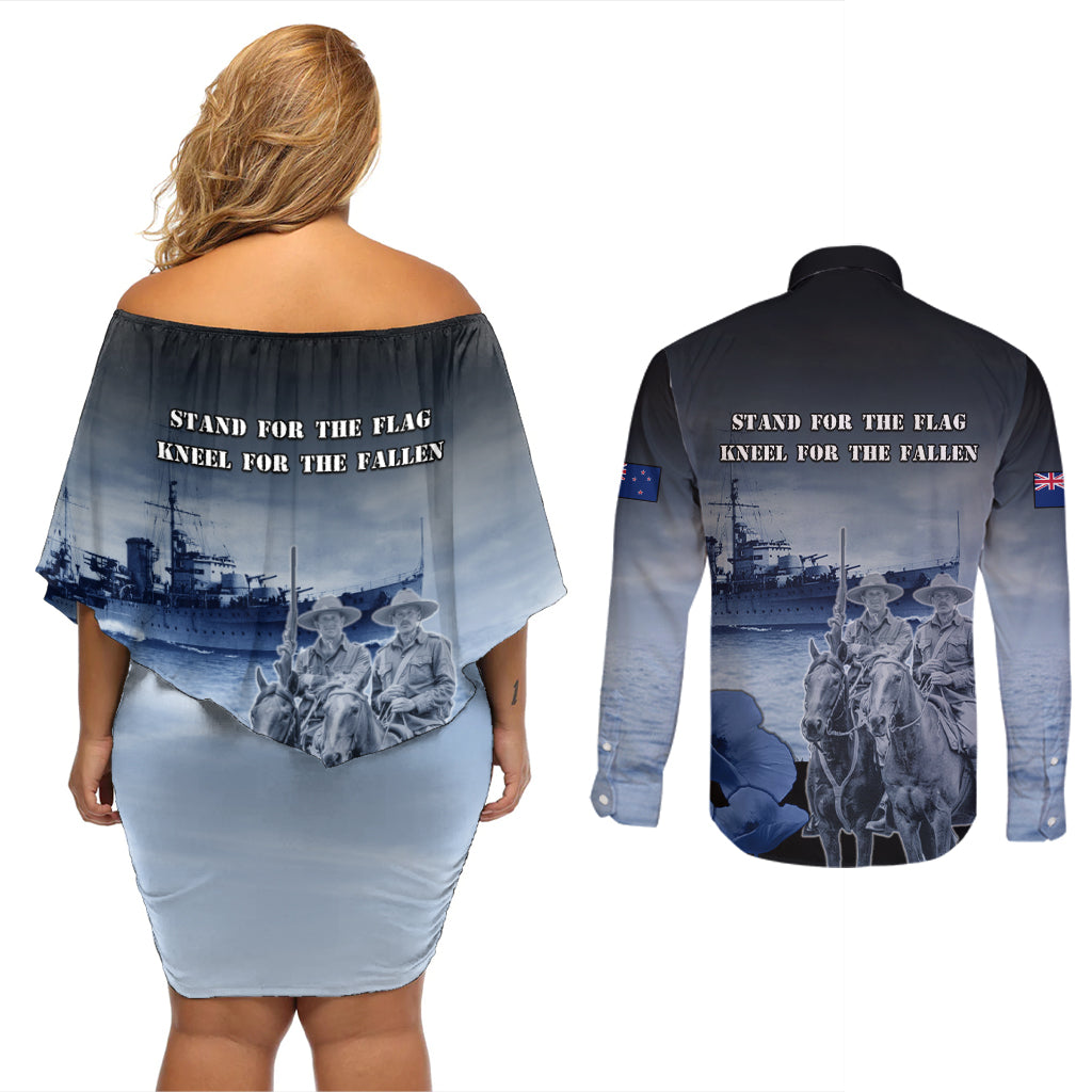 New Zealand ANZAC Day Couples Matching Off Shoulder Short Dress and Long Sleeve Button Shirt HMNZS Achilles We Will Remember Them LT05 - Polynesian Pride