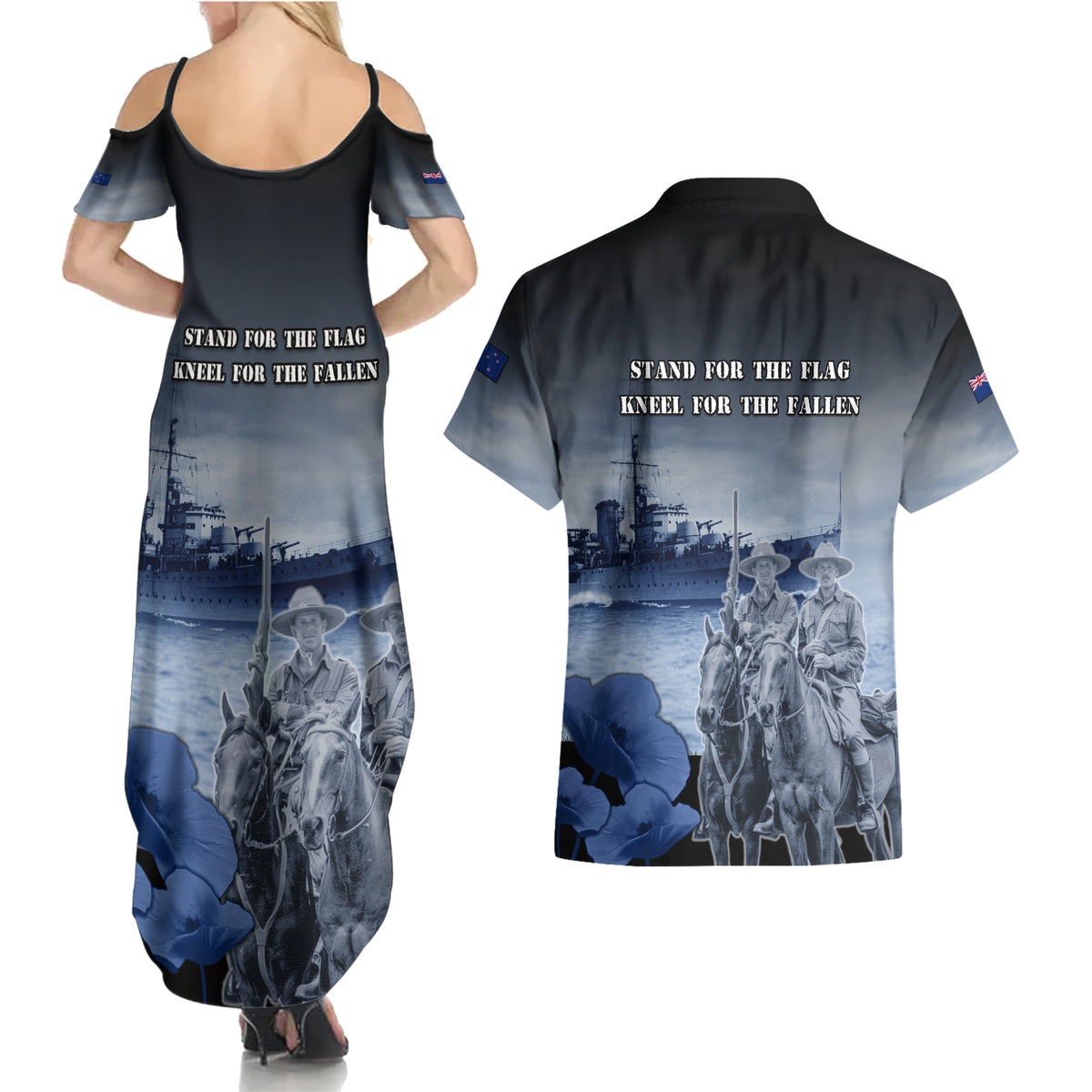New Zealand ANZAC Day Couples Matching Summer Maxi Dress and Hawaiian Shirt HMNZS Achilles We Will Remember Them LT05 - Polynesian Pride