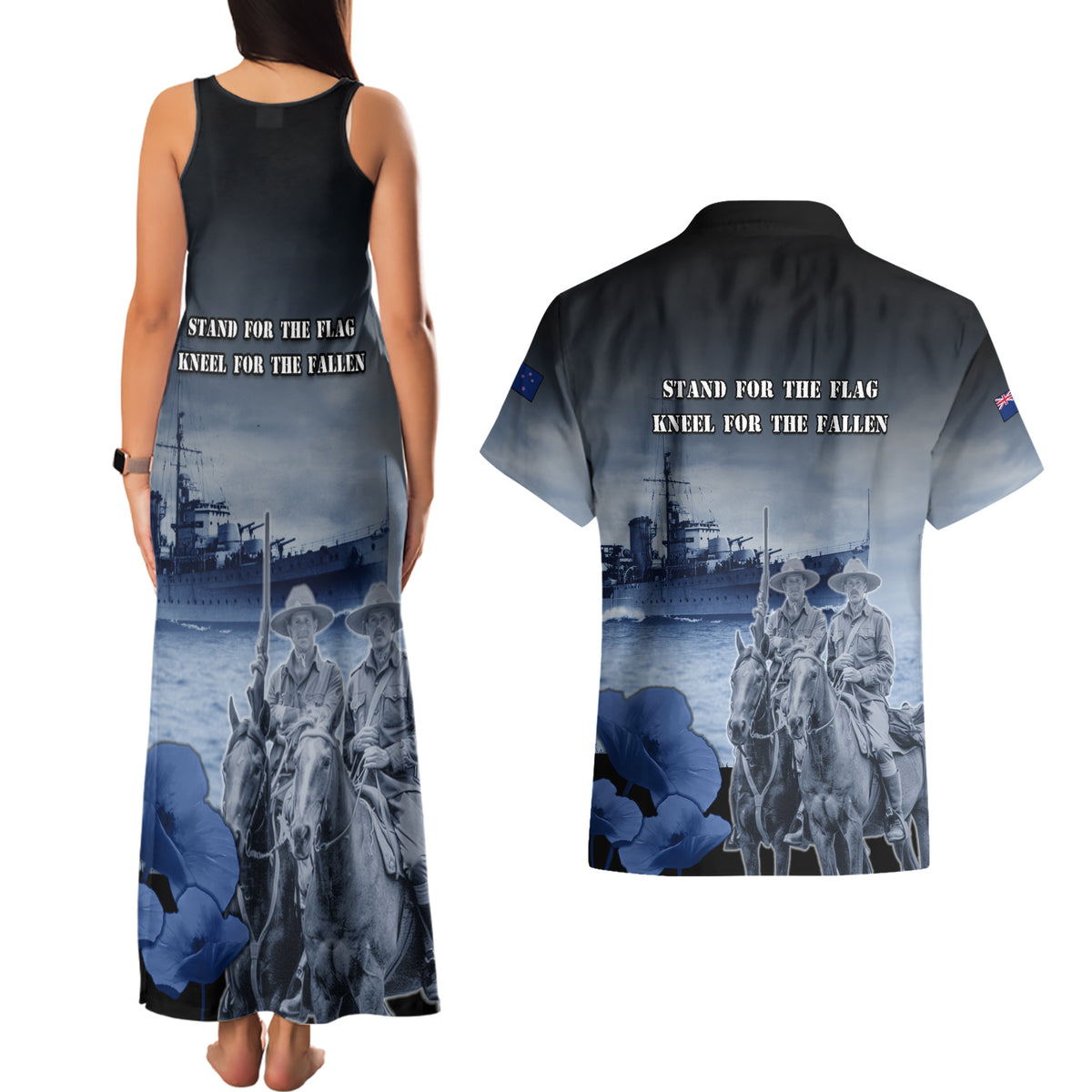 New Zealand ANZAC Day Couples Matching Tank Maxi Dress and Hawaiian Shirt HMNZS Achilles We Will Remember Them LT05 - Polynesian Pride
