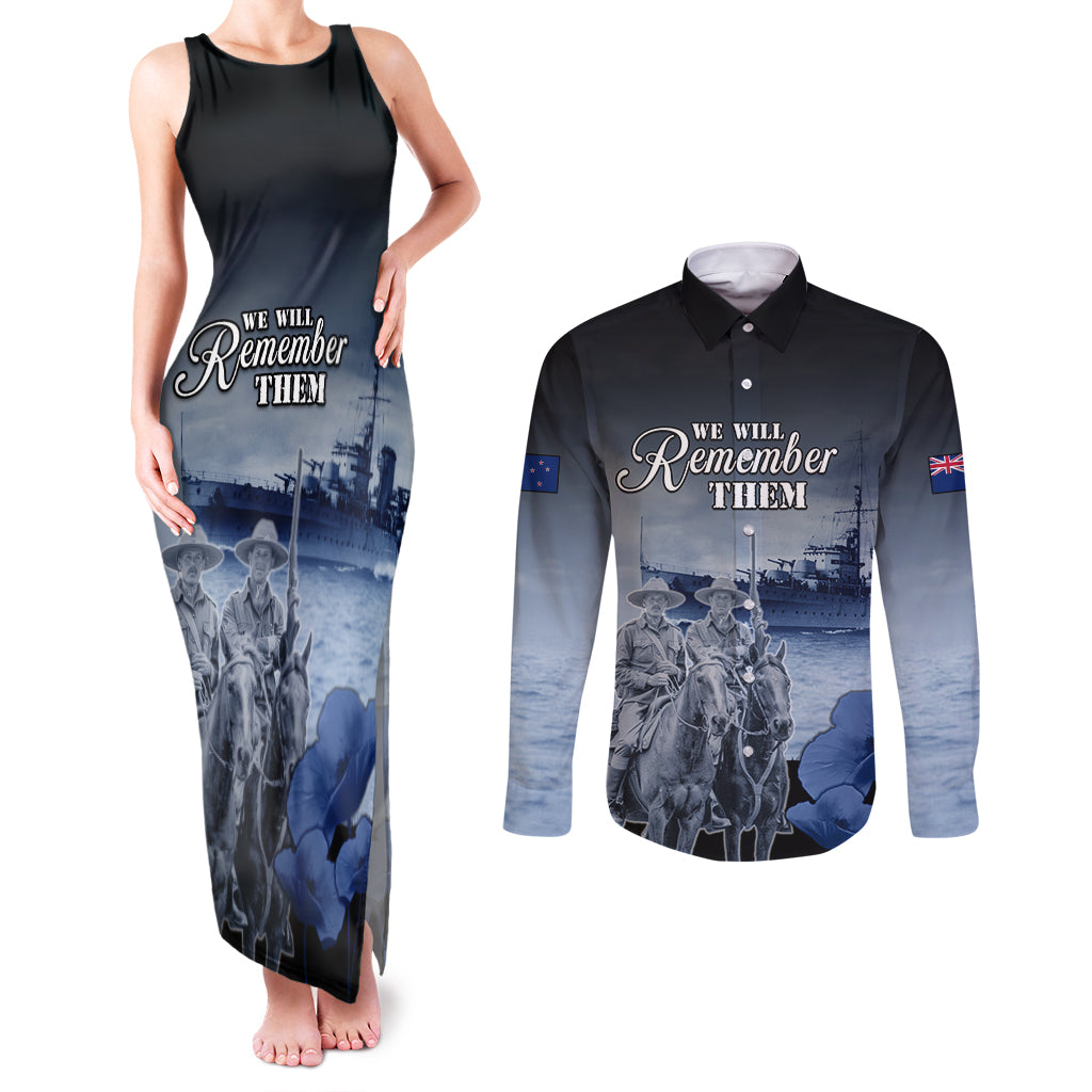 New Zealand ANZAC Day Couples Matching Tank Maxi Dress and Long Sleeve Button Shirt HMNZS Achilles We Will Remember Them LT05 Blue - Polynesian Pride