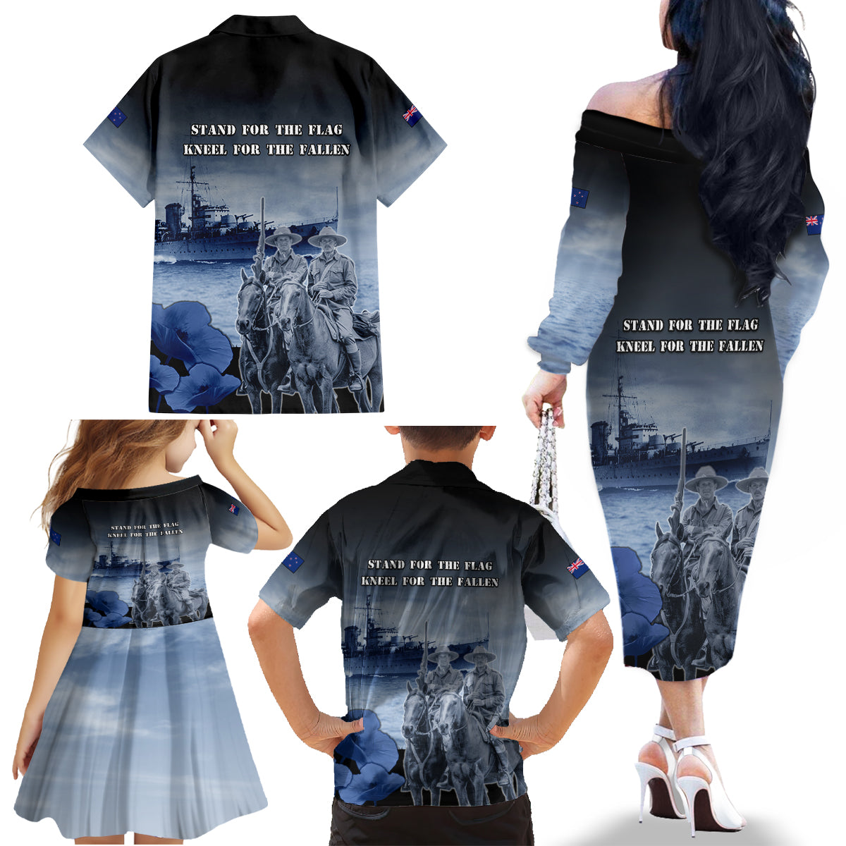 New Zealand ANZAC Day Family Matching Off The Shoulder Long Sleeve Dress and Hawaiian Shirt HMNZS Achilles We Will Remember Them LT05 - Polynesian Pride