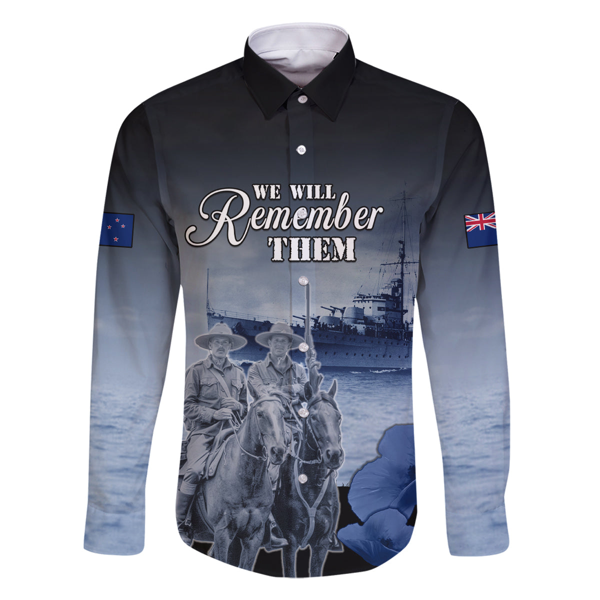 New Zealand ANZAC Day Family Matching Tank Maxi Dress and Hawaiian Shirt HMNZS Achilles We Will Remember Them LT05 Dad's Shirt - Long Sleeve Blue - Polynesian Pride