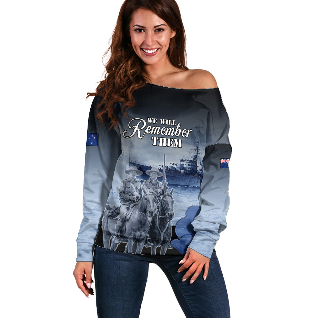 New Zealand ANZAC Day Off Shoulder Sweater HMNZS Achilles We Will Remember Them LT05 Women Blue - Polynesian Pride