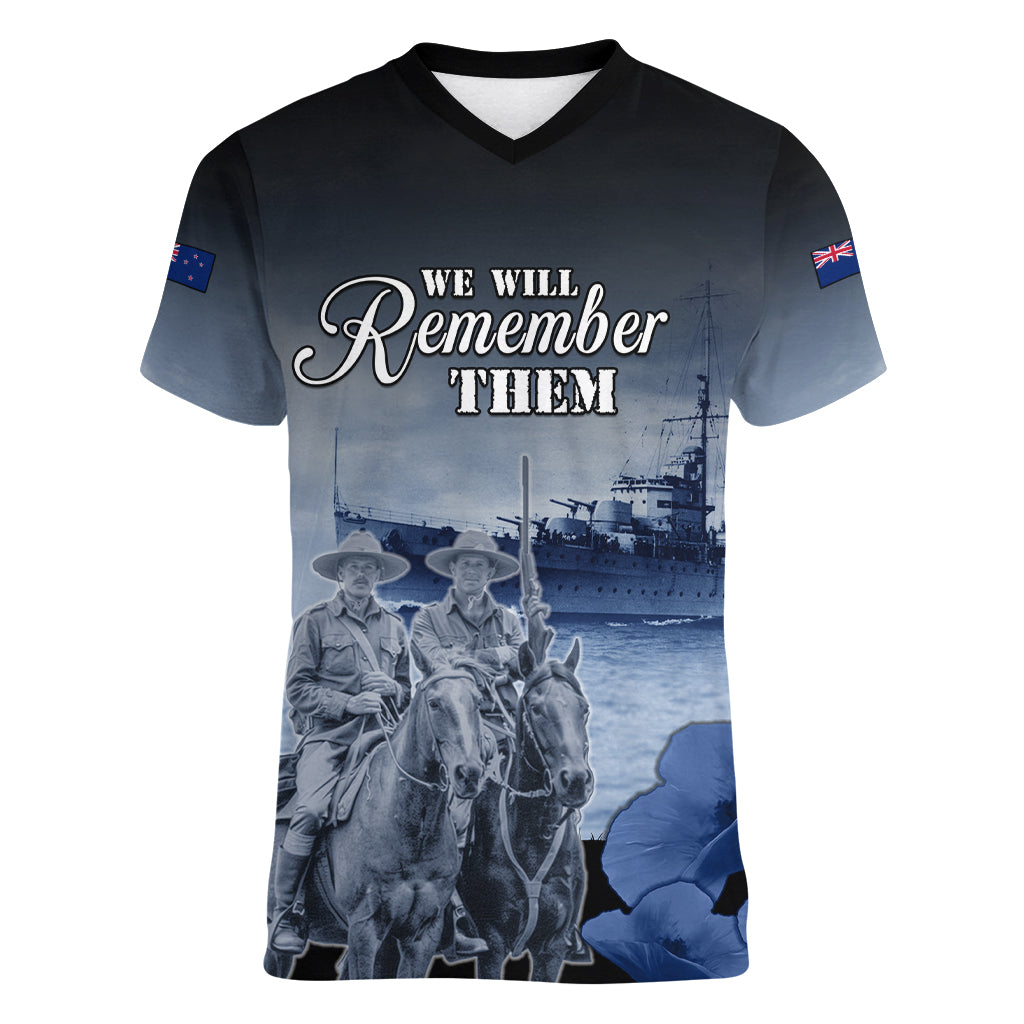 New Zealand ANZAC Day Women V Neck T Shirt HMNZS Achilles We Will Remember Them LT05 Female Blue - Polynesian Pride