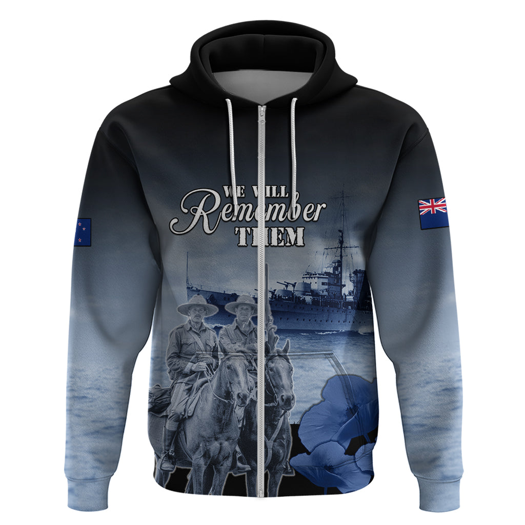 New Zealand ANZAC Day Zip Hoodie HMNZS Achilles We Will Remember Them LT05 Zip Hoodie Blue - Polynesian Pride