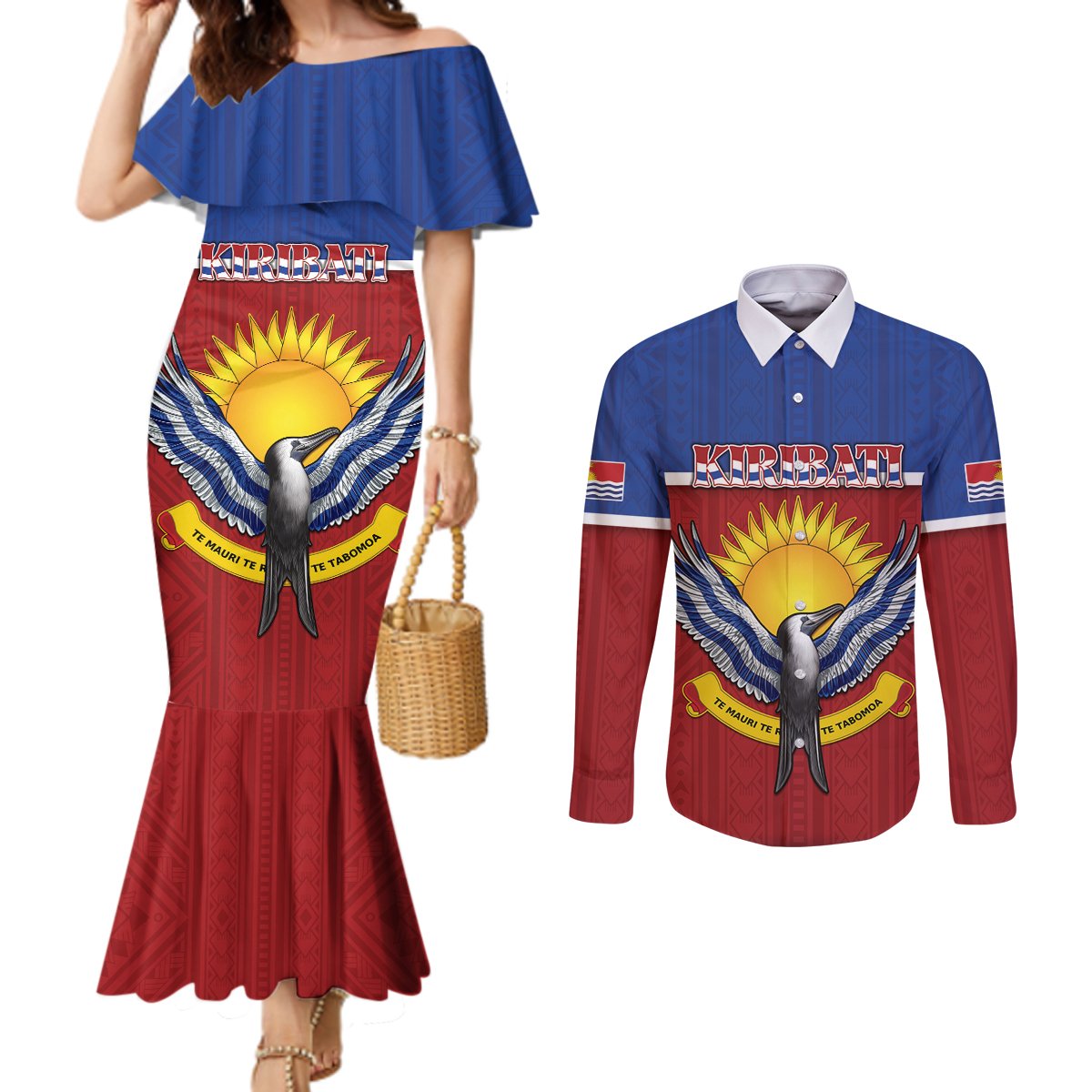 Kiribati 45th Independence Day Couples Matching Mermaid Dress and Long Sleeve Button Shirt Lesser Frigatebird Tribal Pattern LT05 Red - Polynesian Pride