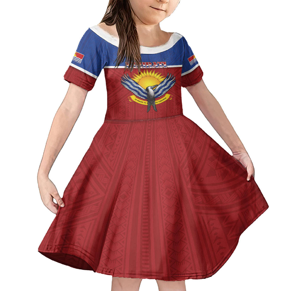 Kiribati 45th Independence Day Kid Short Sleeve Dress Lesser Frigatebird Tribal Pattern LT05 KID Red - Polynesian Pride