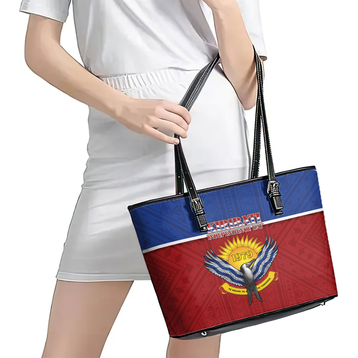 Kiribati 45th Independence Day Leather Tote Bag Lesser Frigatebird Tribal Pattern