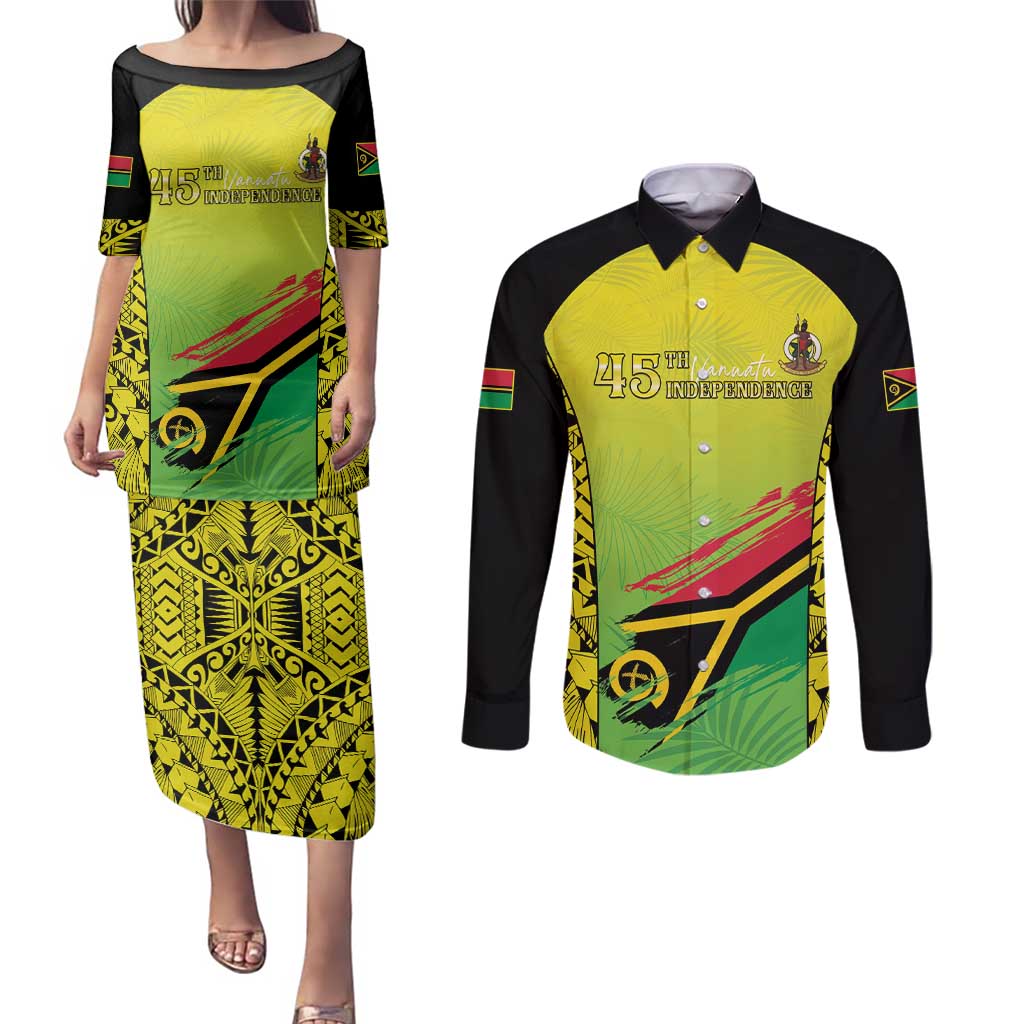 Vanuatu 45th Independence Couples Matching Puletasi and Long Sleeve Button Shirt Special Style - Polynesian Pride